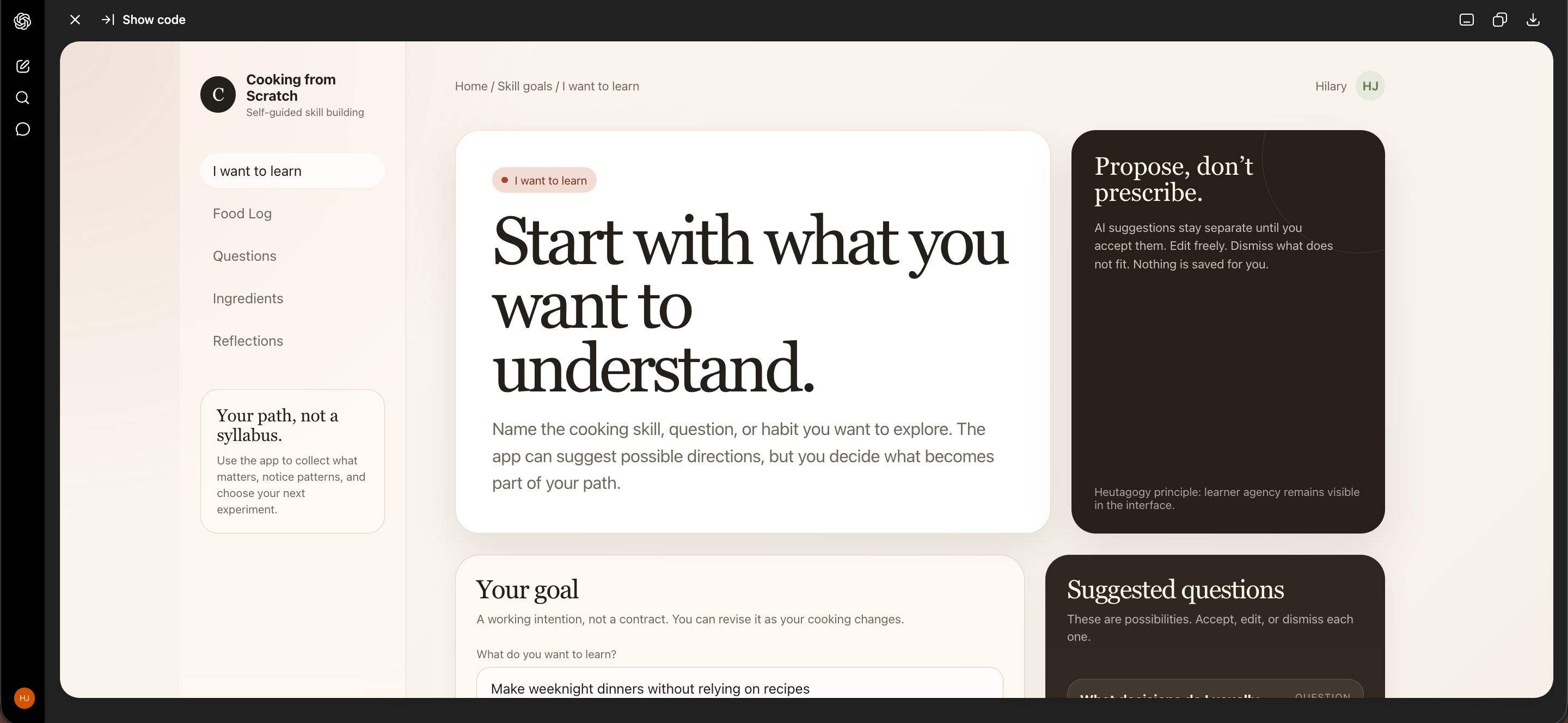 ChatGPT redesign of the I Want to Learn screen, product goals only, no imagery supplied