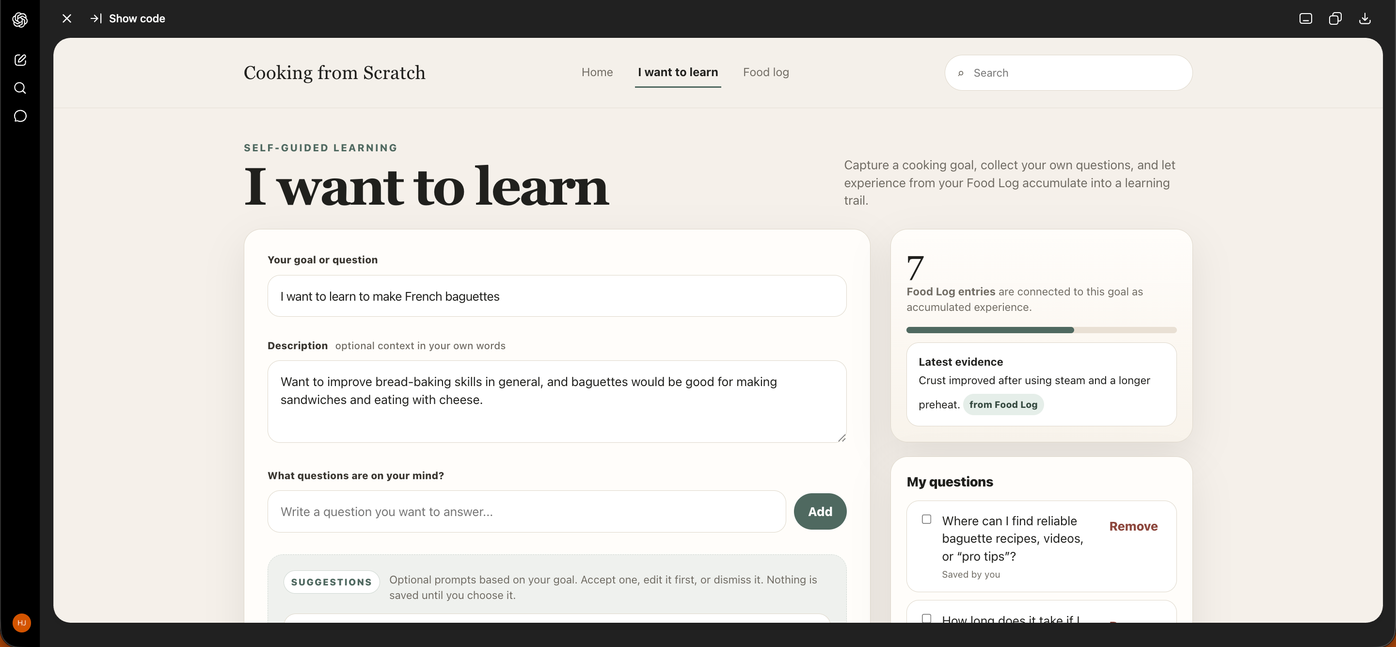 ChatGPT redesign of the I Want to Learn screen, with 2019 screen supplied as reference