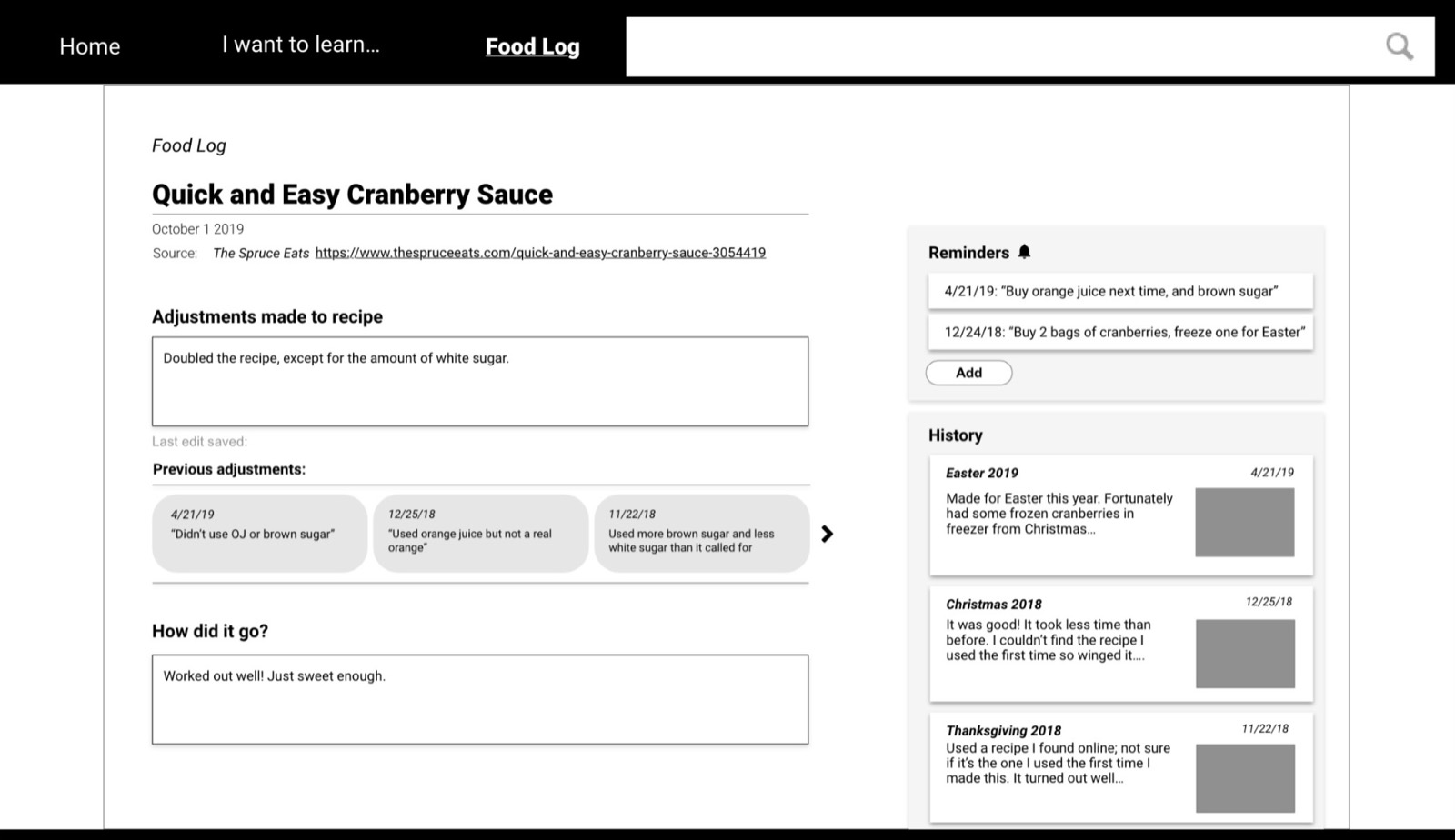 Wireframe: Food Log screen
