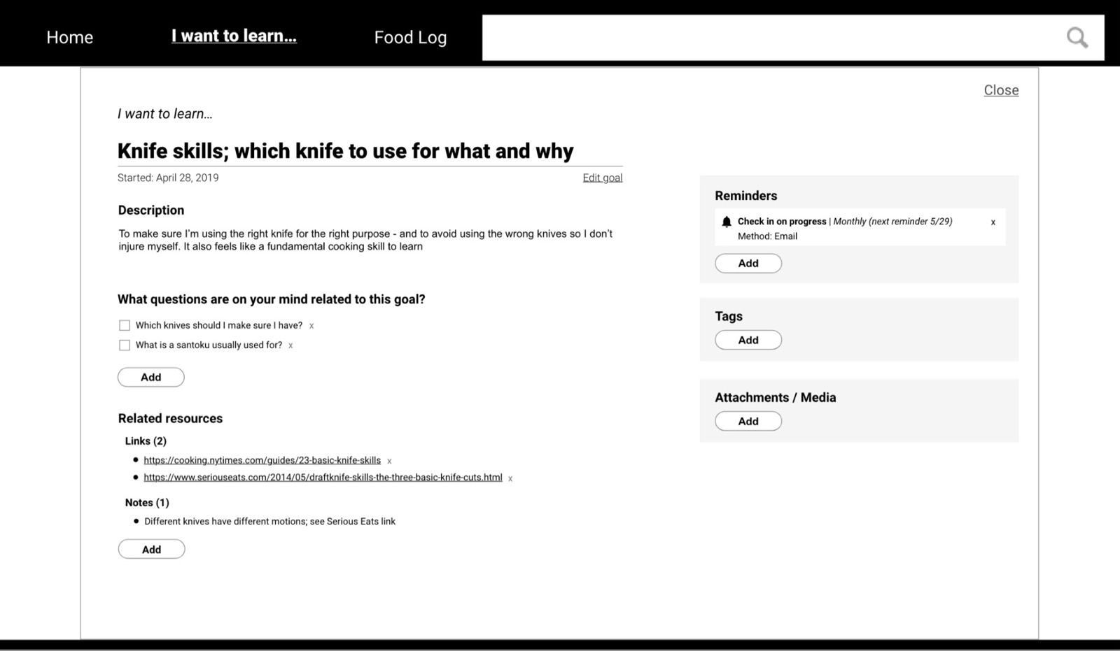 Wireframe: I Want to Learn screen