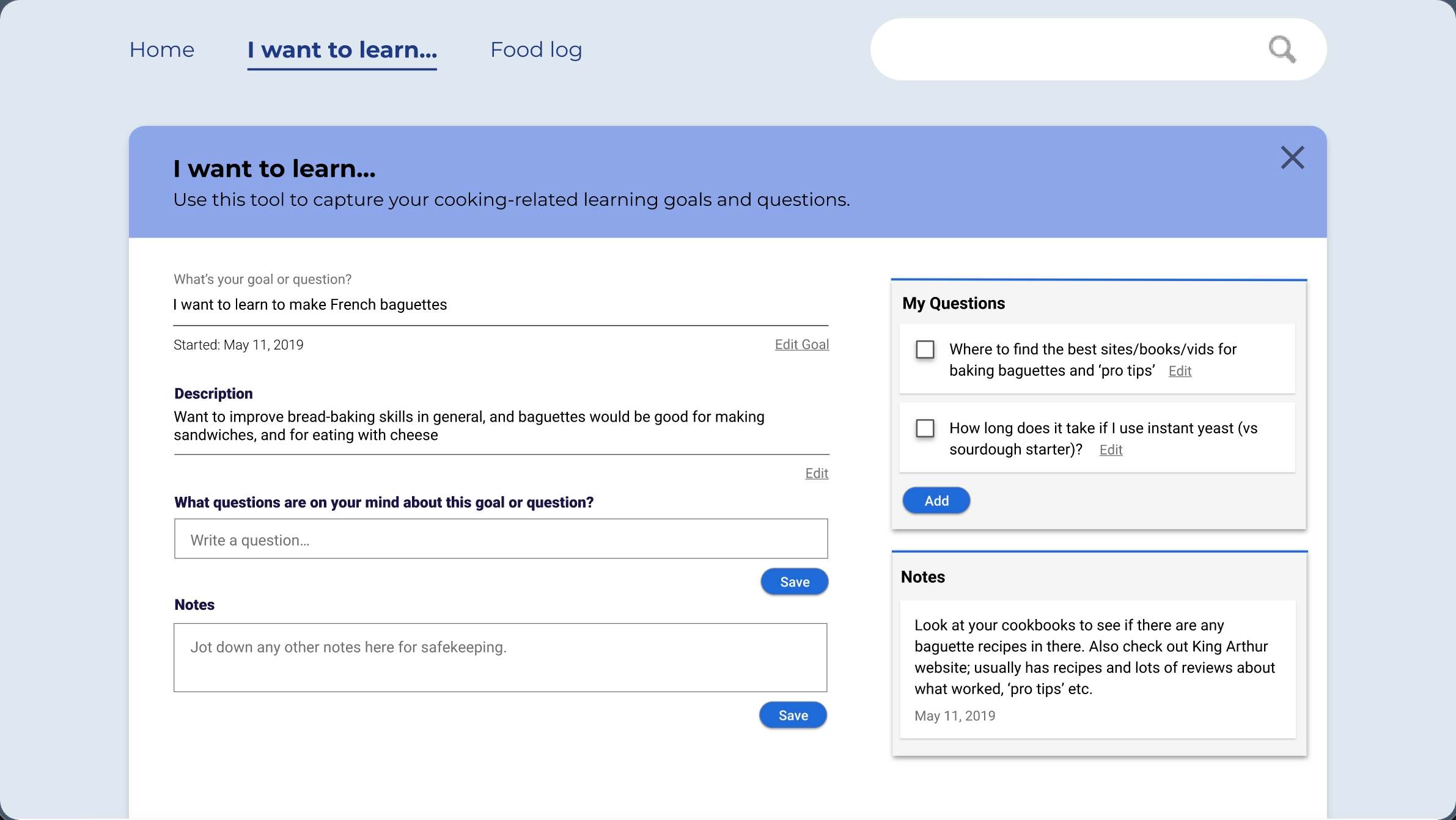 Cooking from Scratch app: I Want to Learn screen with a baguette-making goal filled in, including description, questions, and notes