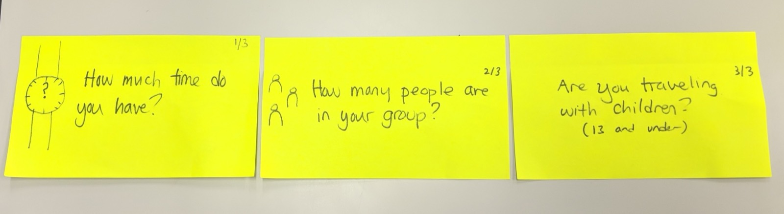 Three yellow sticky notes showing the three questions the GachaBot asks