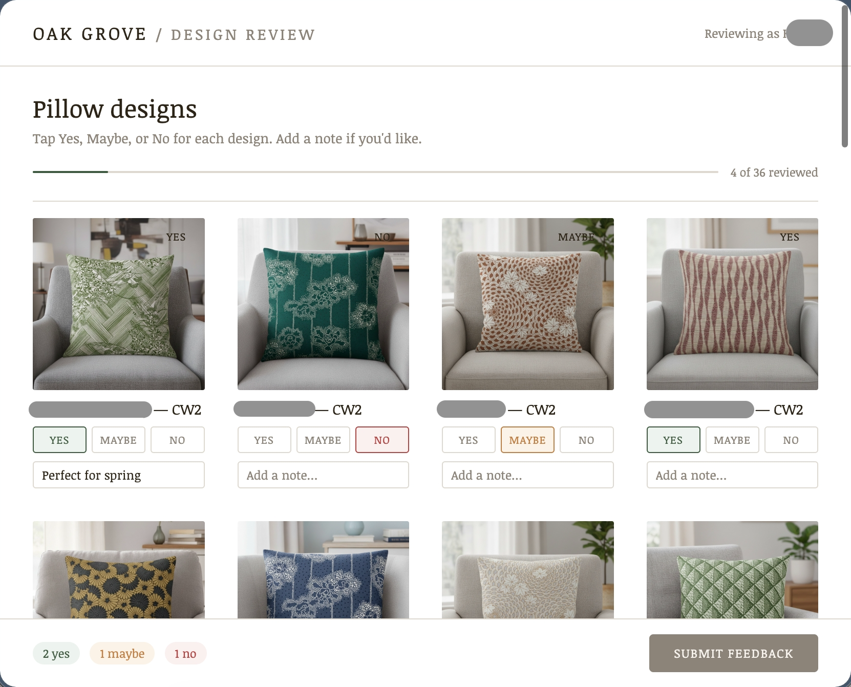 Reviewer app — Yes / Maybe / No per design