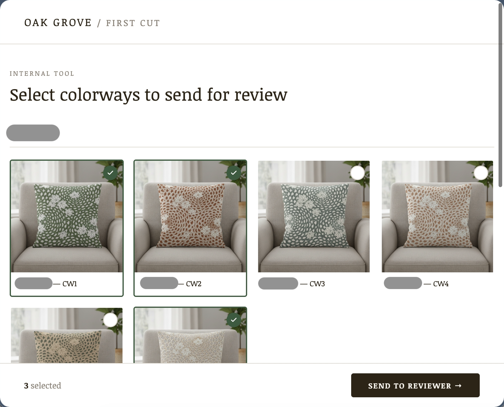 First Cut UI — select colorways to send for review
