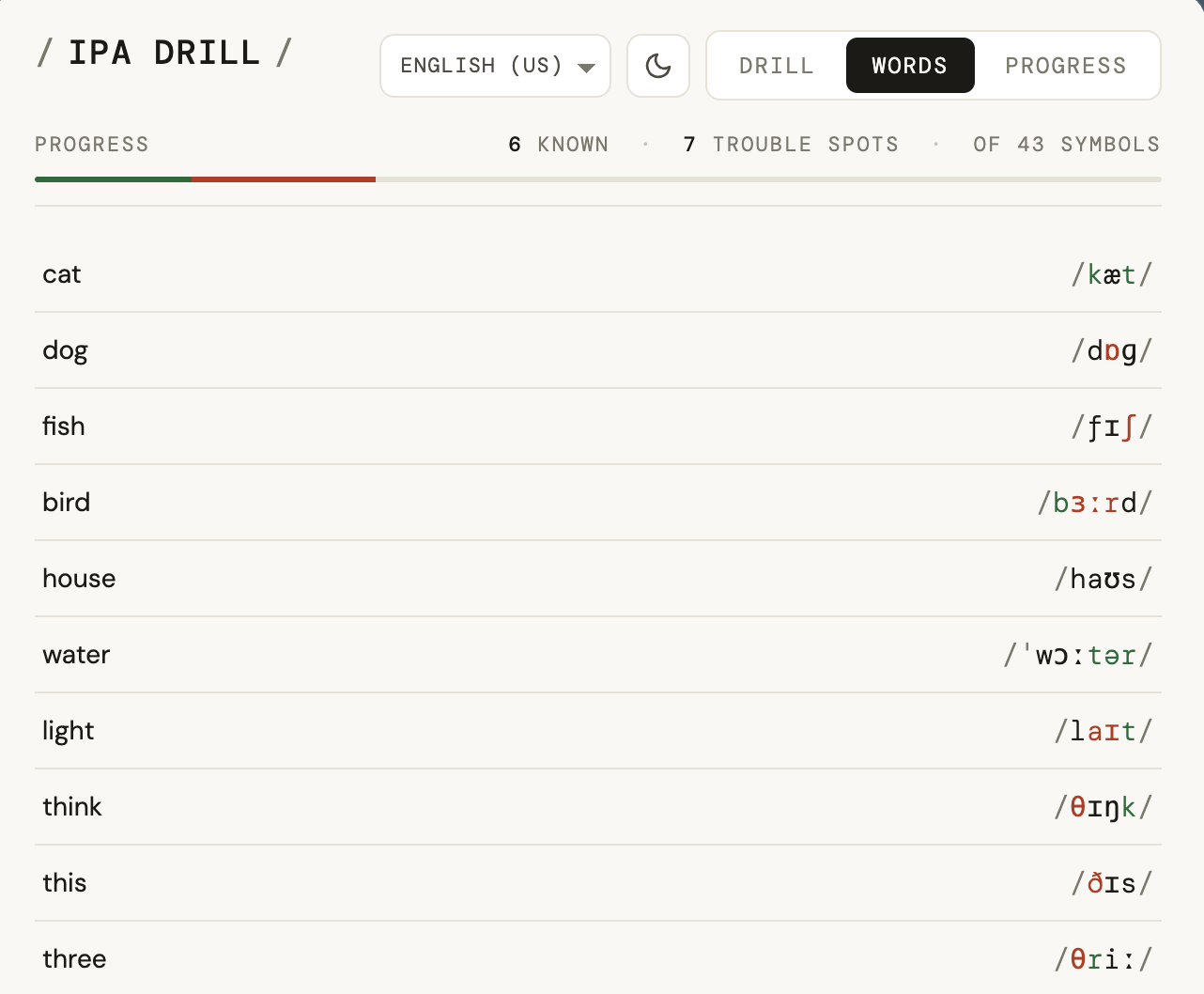 Words view — full word list with color-coded IPA symbols