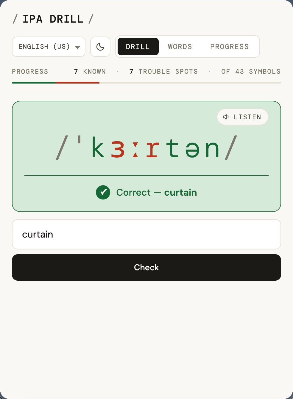 Correct answer state: /ˈkɜːrtən/ with green highlight and 'Correct — curtain'