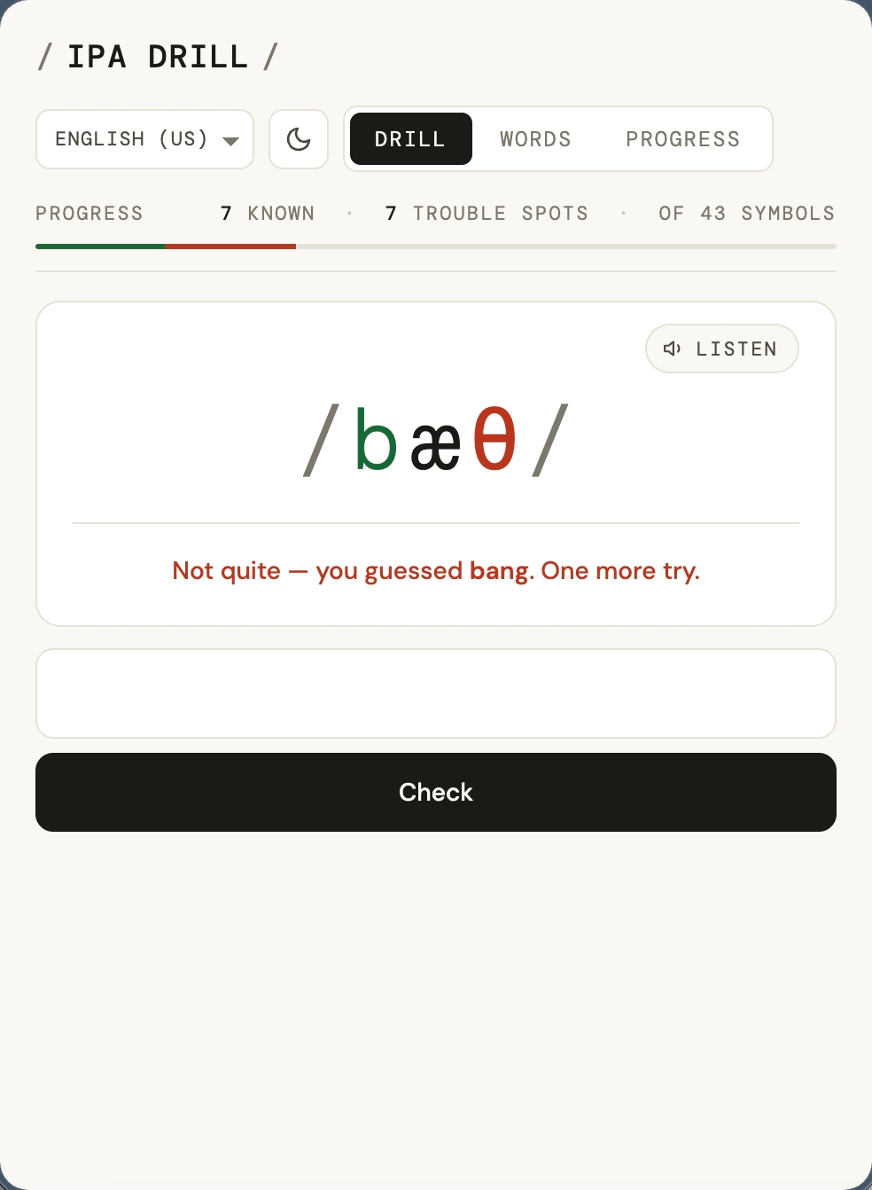 Wrong attempt 1: 'Not quite — you guessed bang. One more try.'