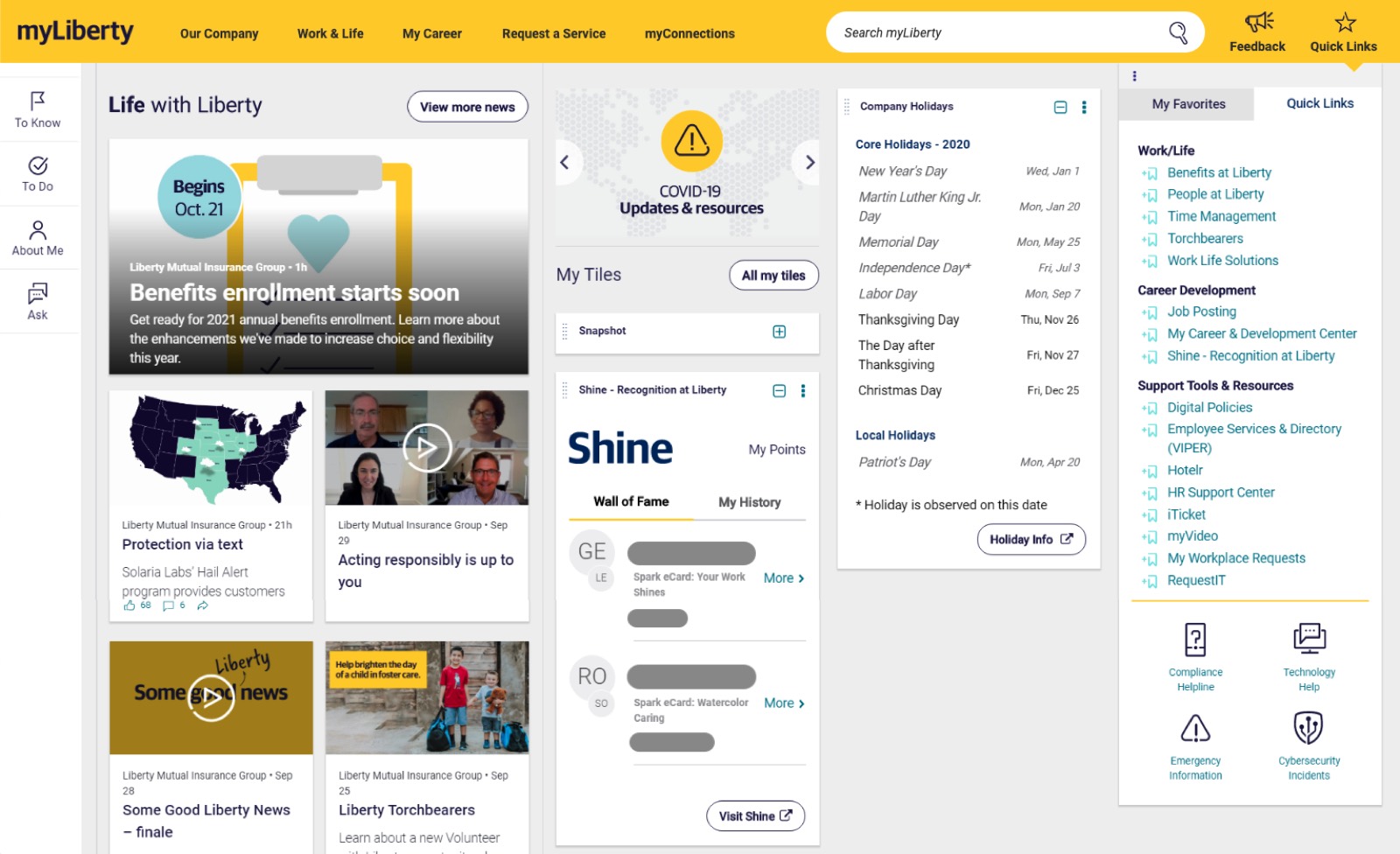 myLiberty enterprise intranet platform — homepage showing the gold navigation bar, news feed, Quick Links panel, and widget layout used by 45,000+ employees