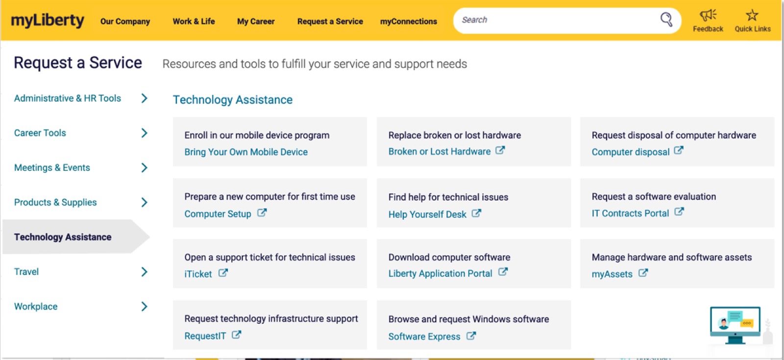 Request a Service section showing Technology Assistance category — each tool link paired with a plain-language task description. Example: 'Open a support ticket for technical issues · iTicket'