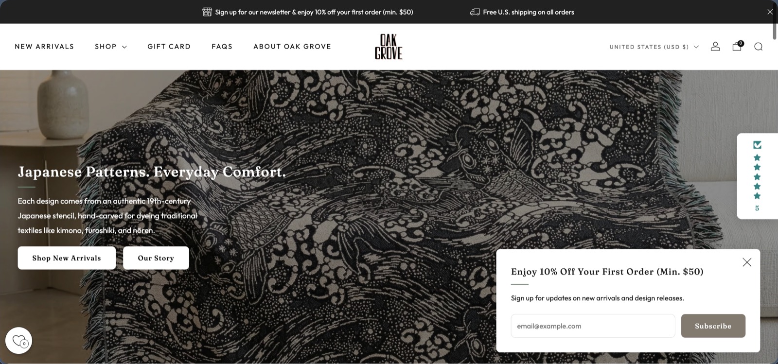 Oak Grove Shopify storefront homepage — woven jacquard blankets and pillows featuring 19th-century Japanese katagami stencil patterns