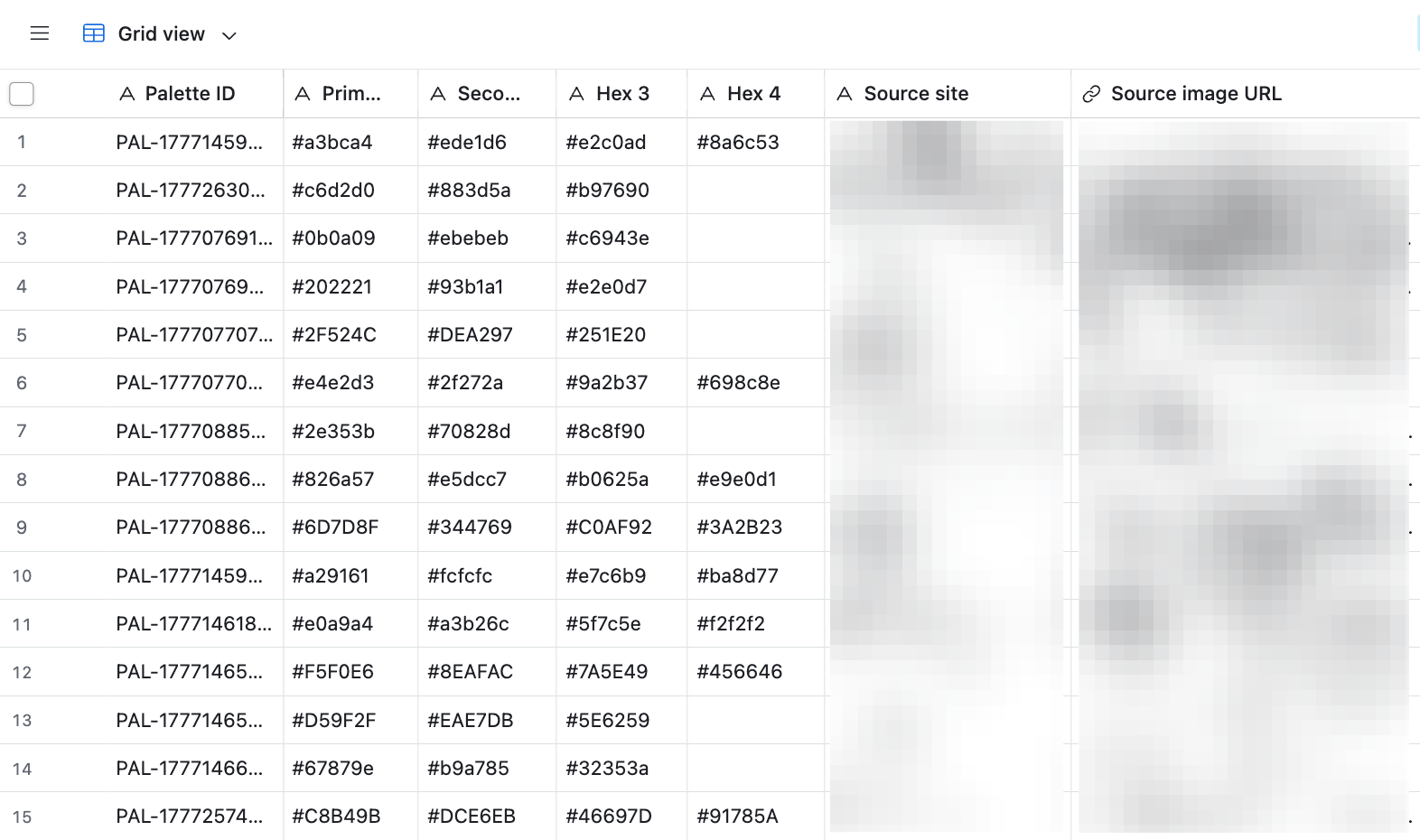 Palette Lab — grid view of saved color palettes in Airtable