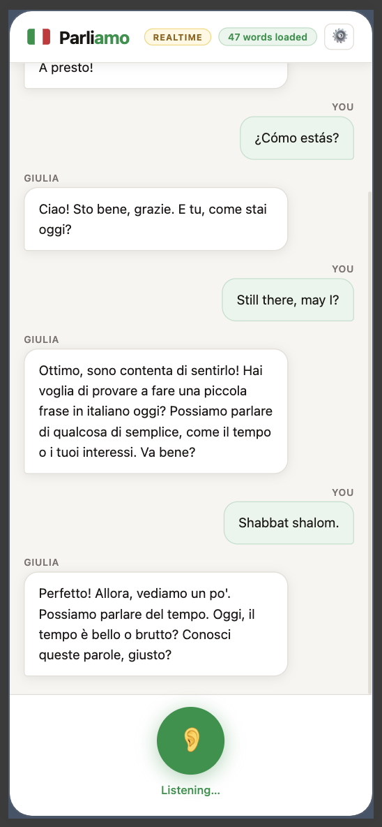 A Parliamo session showing the tutor mishearing beginner Italian as other languages