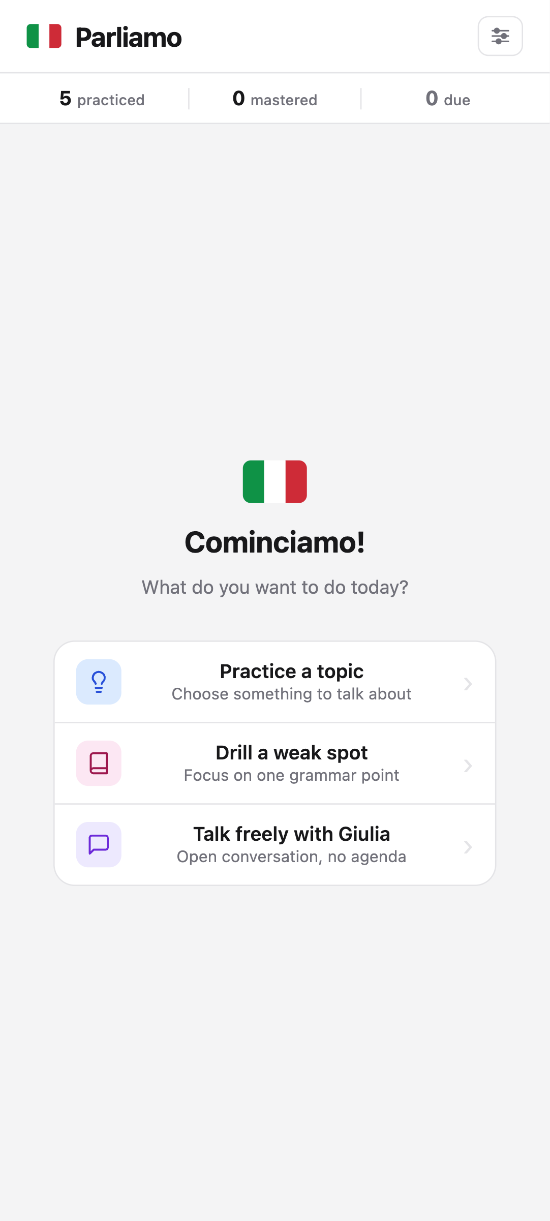 Parliamo UI — current build