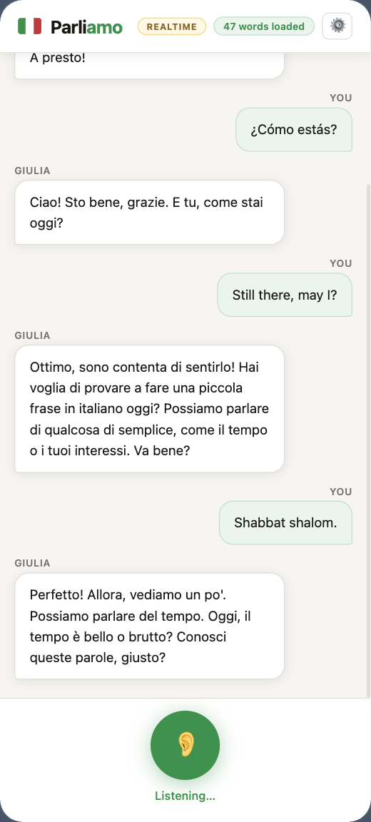 A Realtime Parliamo session in which beginner Italian is transcribed as several other languages