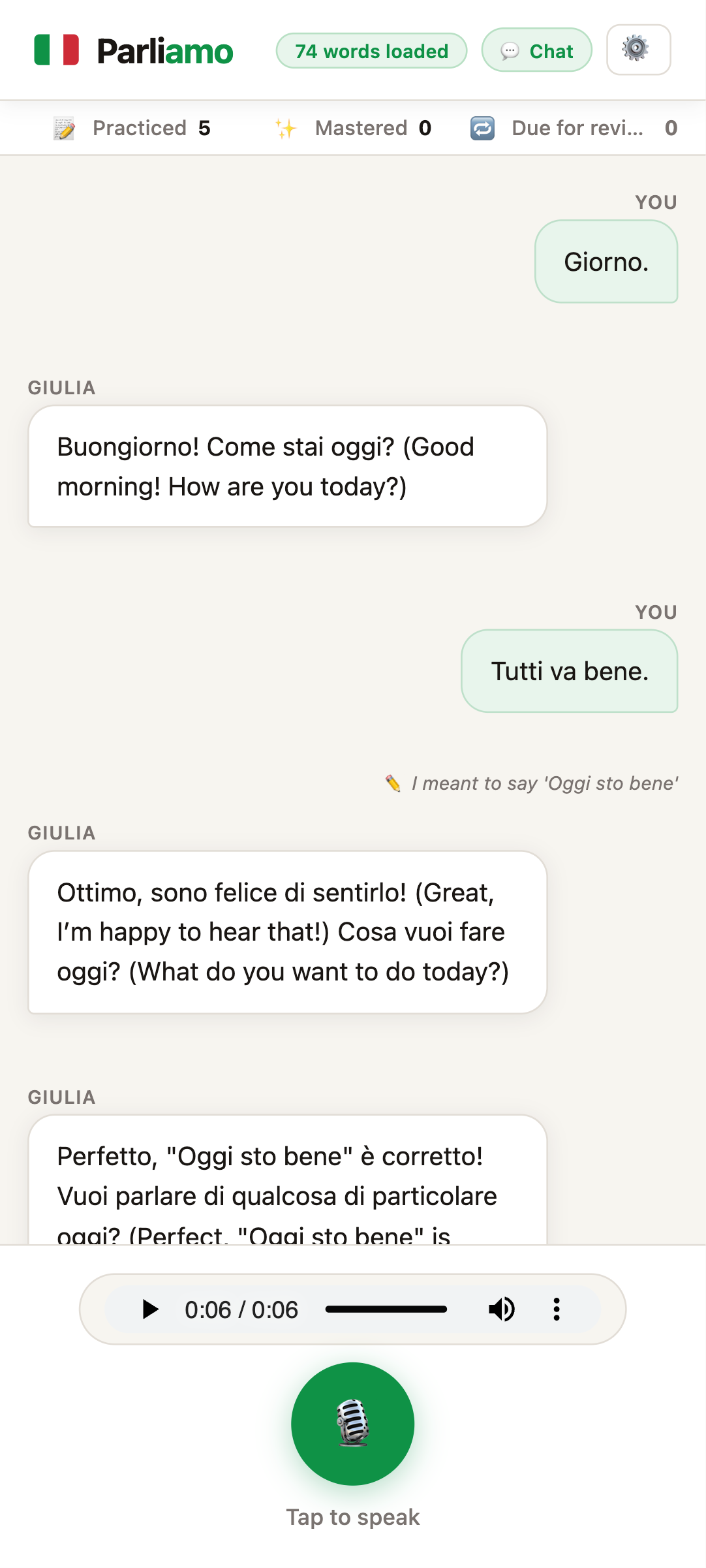 Parliamo’s inline feedback interaction, showing the learner correcting what the transcript said
